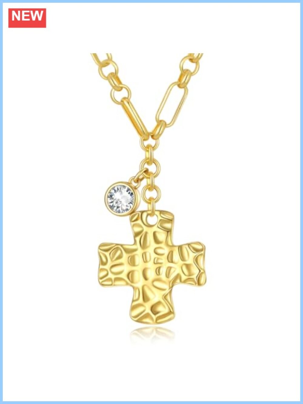 14K Gold Plated Hammered Cross Necklace Chunky Paperclip Chain